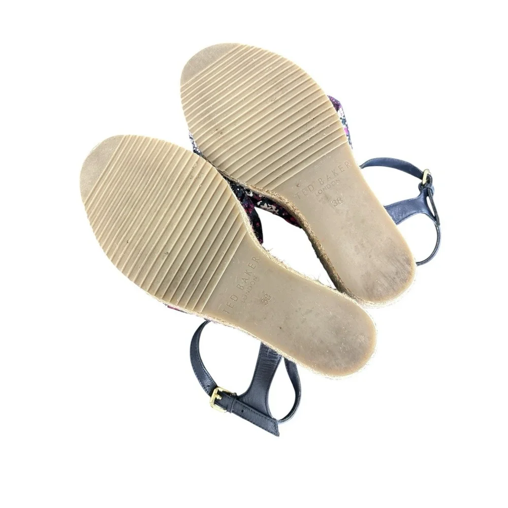 Ted Baker London Taylina Floral Espadrille Wedge‎ Sandal Navy Blue Size 7.5 / 38